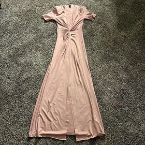 Pink Maxi Dress Floor Length Split Low V Neck